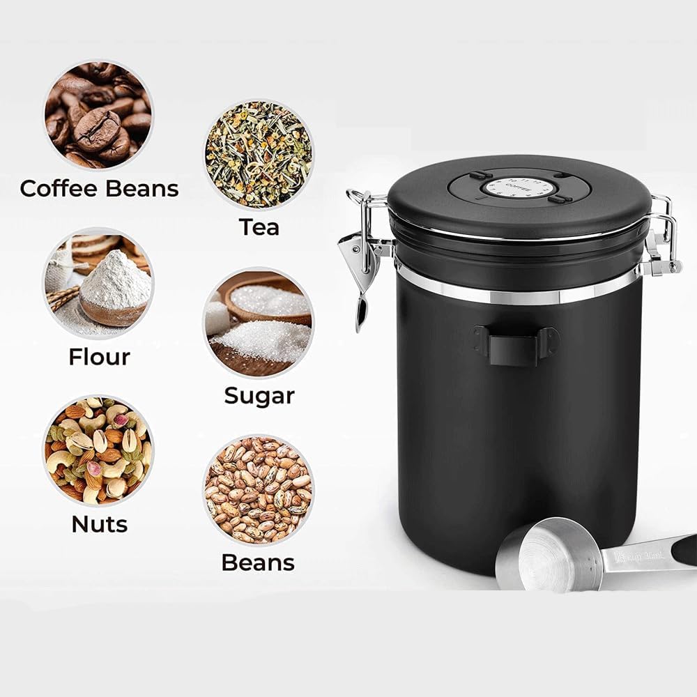 Luftdichter Kaffeebehälter aus Edelstahl, 1,8L, mit Auslassventil, Vorratsdose für Kaffeebohnen, Nüs