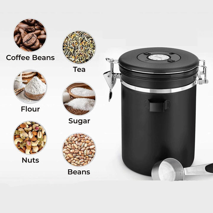 Luftdichter Kaffeebehälter aus Edelstahl, 1,8L, mit Auslassventil, Vorratsdose für Kaffeebohnen, Nüs