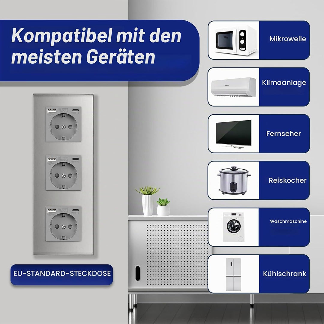 BSEED Triple Schuko Wand Steckdose mit USB &amp; Typ C Glas 3 in 1 Unterputz Steckdosen 3 Weg mit 2.1 A