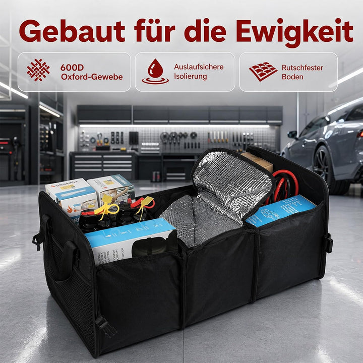 Faltbarer Auto Kofferraum Organizer Universal – 72L Auto Aufbewahrungsbox | Alu-Griffe Trennwände Re