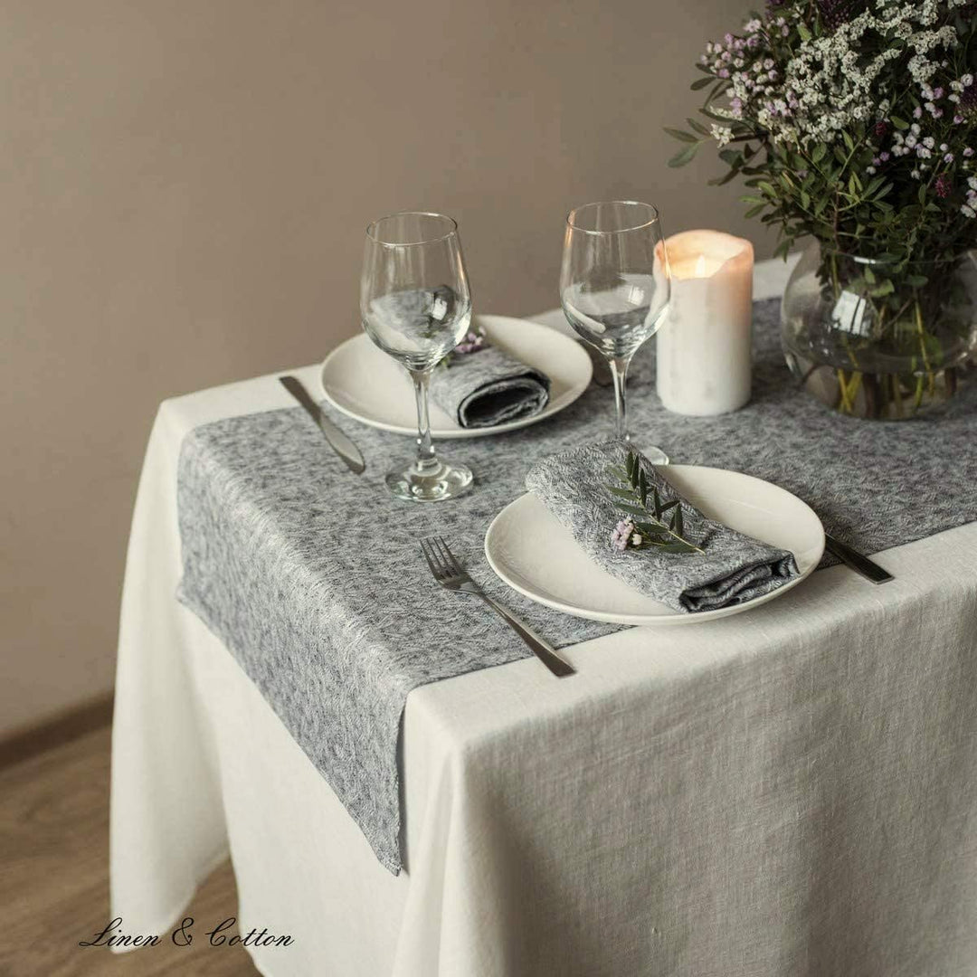 Linen &amp; Cotton Deluxe Jacquard Damast Tischläufer Stoff Tischband Tischdeko Isla - 100% Leinen, Schw