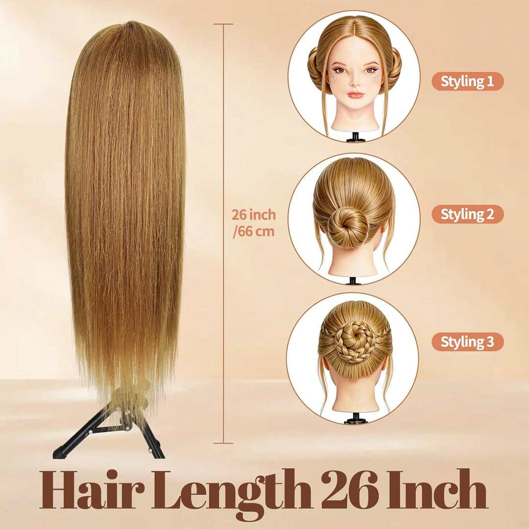 Yofuly 26Zoll/66cm Frisierkopf, 80% Echthaar Übungskopf, Make-up Frisieren Trainingsköpfe, Mannequin