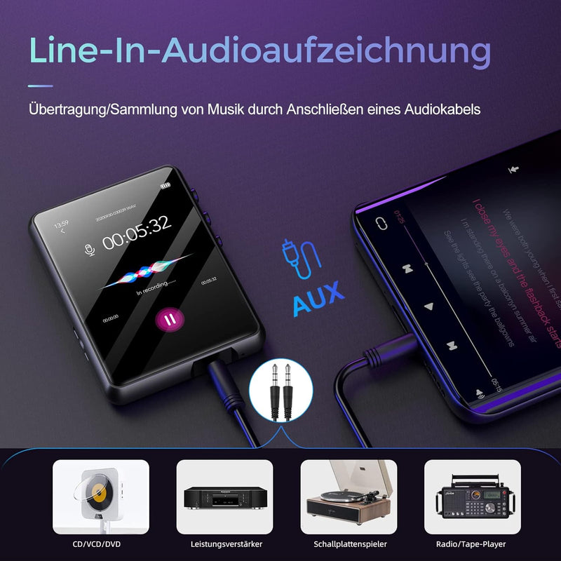 32GB MP3 Player Bluetooth 5.0, Touchscreen HiFi Verlustfreier Ton Musik Player mit Lautsprecher, Lin