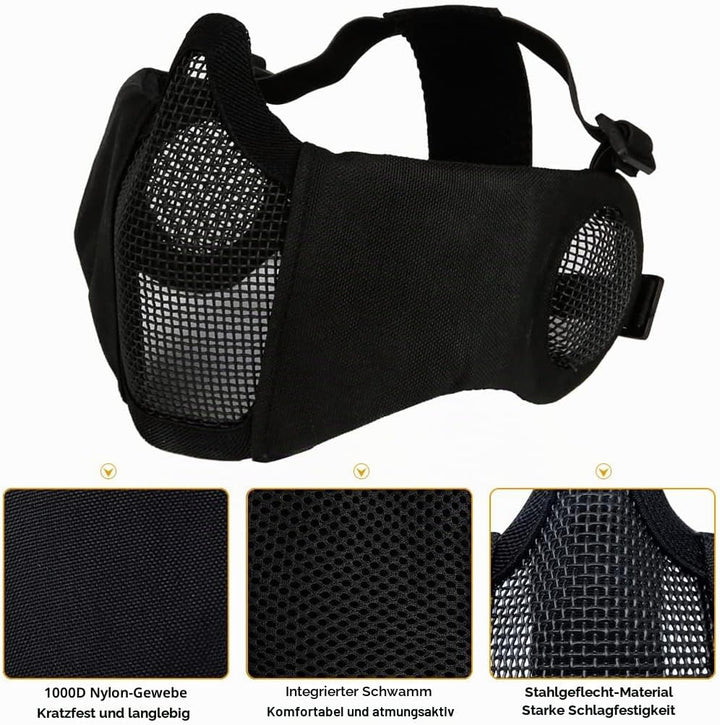 Hodeacc Airsoft-Maske und Brille, Halbgesichtsmaske aus Metallgeflecht, mit Ohrenschutz, Anti-UV-Air