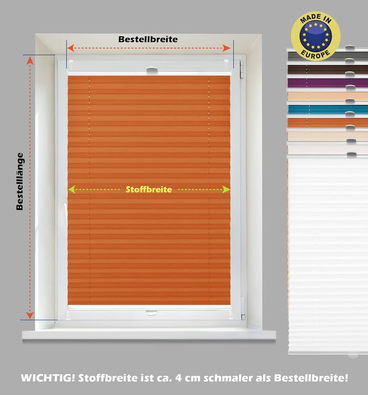 Domdeco Plissee 95x120cm Orange mit weiss lackierten Alu-Profilen, KlemmFix-Halterung zur Montage oh