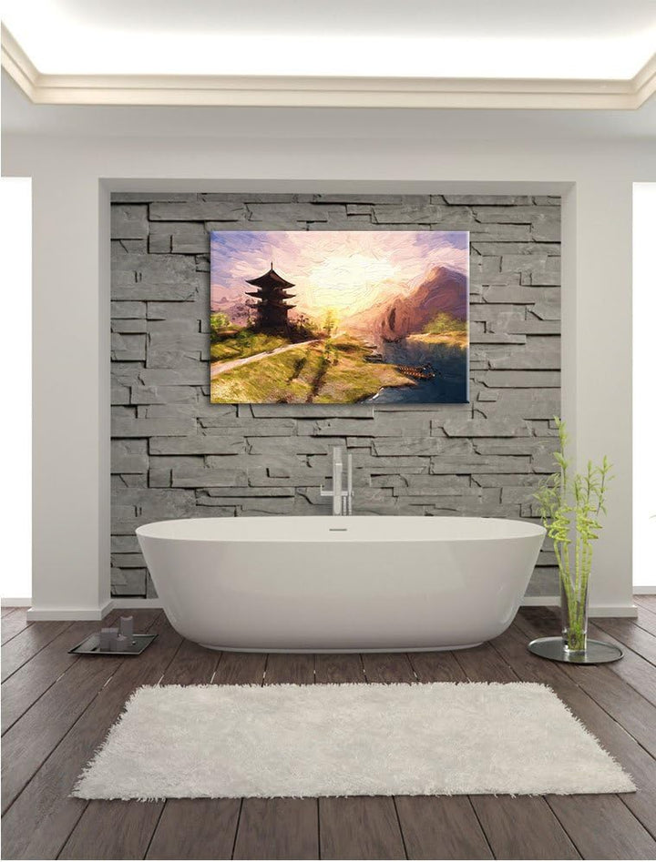 Pixxprint asiatischer Tempel an Fluss als Leinwandbild/Grösse: 100x70 / Wandbild/Kunstdruck/fertig b
