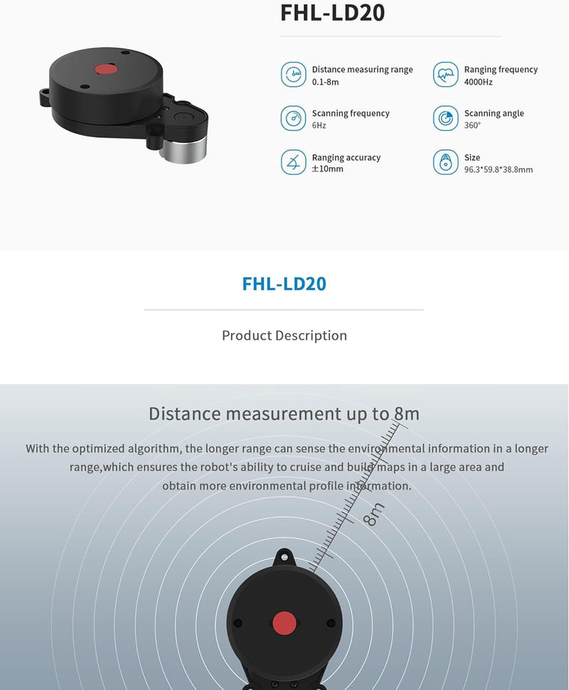 youyeetoo FHL-LD20 8 Meter 360° Lidar-Sensor, bietet Kompatibel mit Raspberry Pi C/ROS1&2 Tutorial,