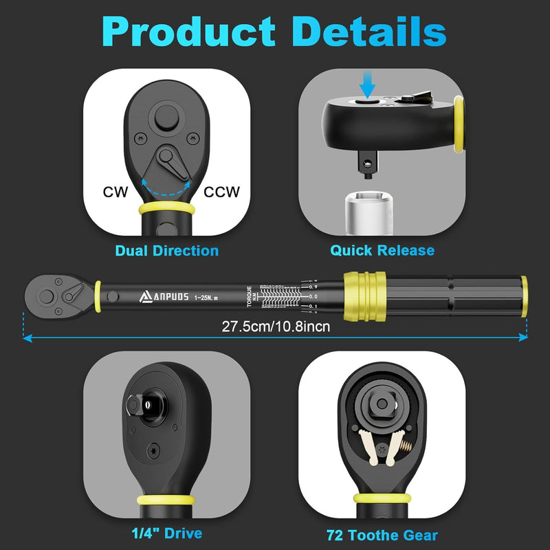 ANPUDS Drehmomentschlüssel 1/4 Zoll, 0,1NM Mikro-Einstellung, 1-25NM Fahrrad & Motorrad Drehmomentsc