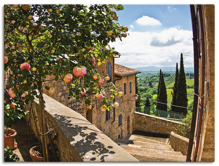 Artland Leinwandbild Wandbild Bild auf Leinwand 60x45 cm Wanddeko Fensterblick Toskana Landschaft Ga