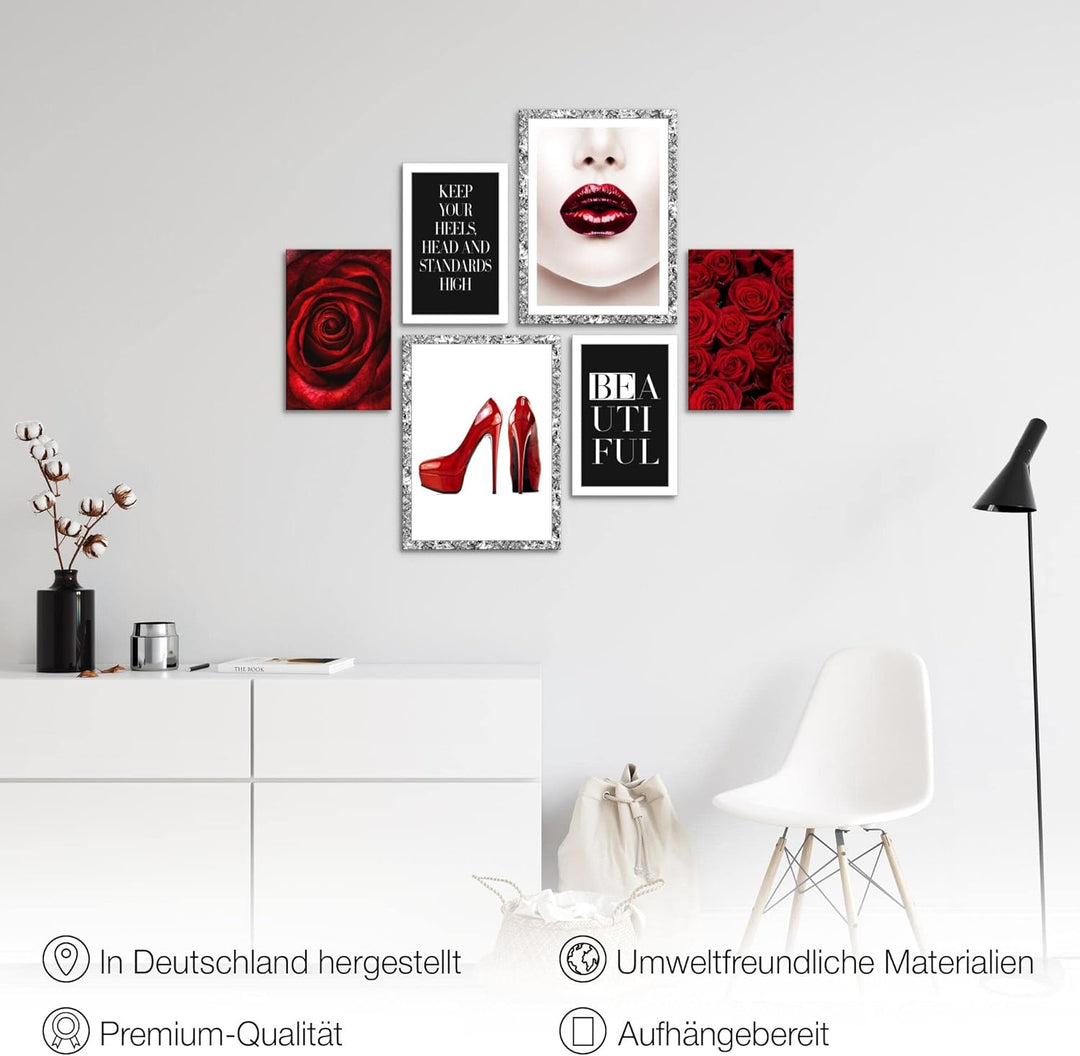 Novart Wandbilder Set Fashion Coco Rot - KEIN EXTRA RAHMEN BENÖTIGT - Modern Deko - Wohnzimmer Mädch