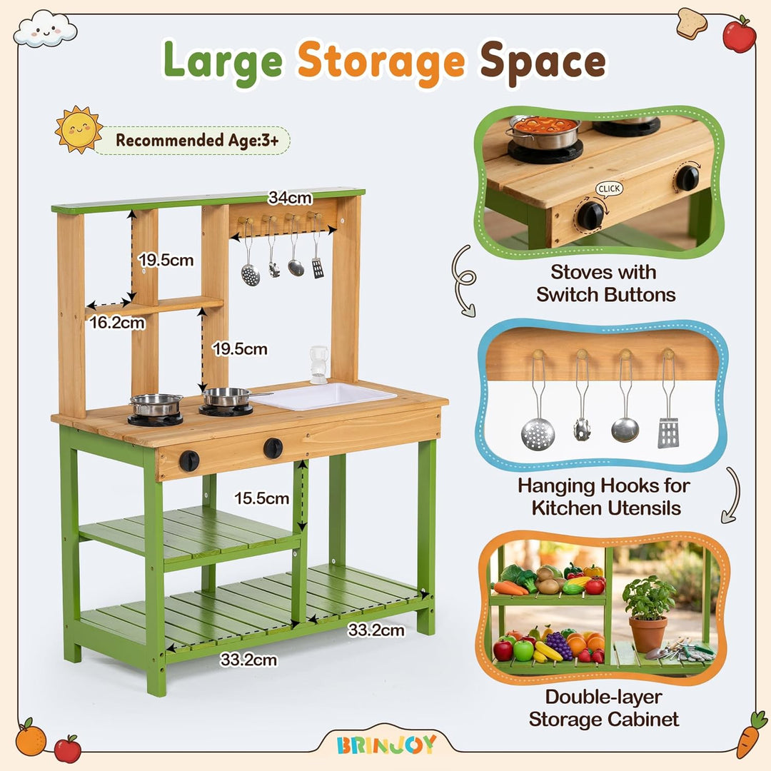 BRINJOY Matschküche Kinder Outdoor, Spielküche Kinder Holz-Matschküche für draussen mit realistische