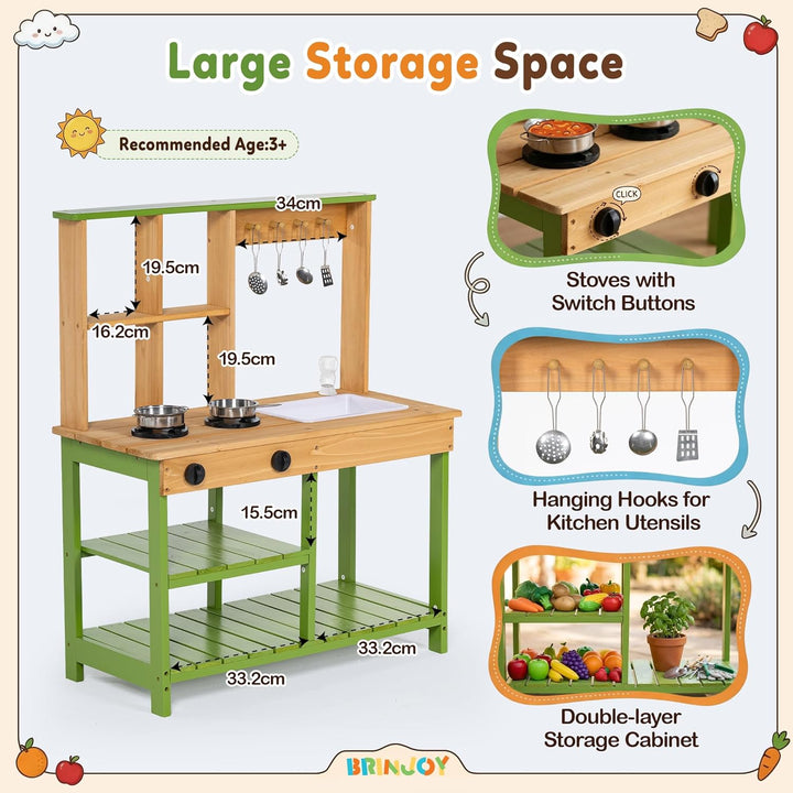 BRINJOY Matschküche Kinder Outdoor, Spielküche Kinder Holz-Matschküche für draussen mit realistische