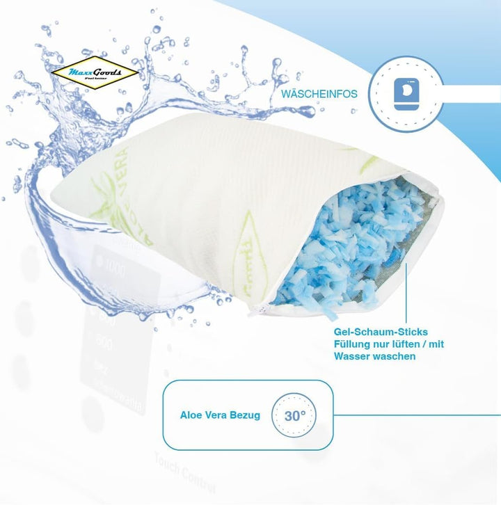 MaxxGoods Nackenstützkissen 42x70cm aus Gel-Schaum-Sticks + Baumwollbezug Aloe Vera Bezug - Kühlkiss