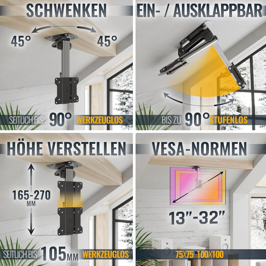RICOO Monitor & TV Deckenhalterung für Fernseher 13-33 Zoll, Klappbar Schwenkbar Höhenverstellbar, U