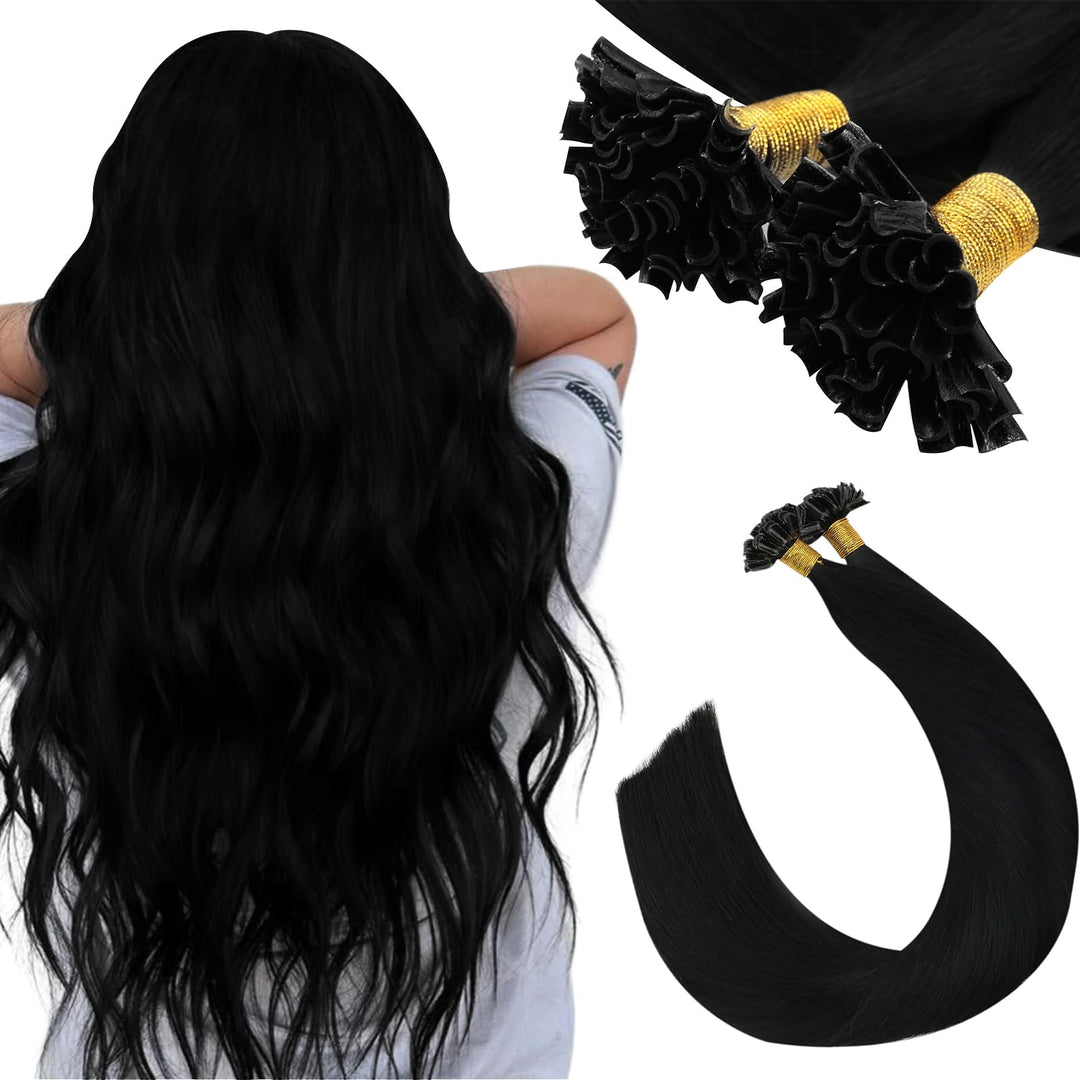 Ugeat 60cm Keratin Extensions Echthaar U Tip 1g/Strähnen Farbe 1B Naturliches Schwarz Bondings Echth