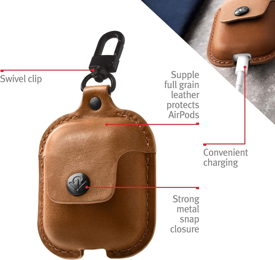Twelve South AirSnap | Poliertes Lederetui für AirPods in Cognac Cognac Leder, Cognac Leder