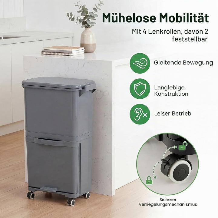 LIFEZEAL 36L Abfalleimer Küche, Mülleimer auf Rädern mit 2 Ebenen, Abfallbehälter mit Pedal & neigba