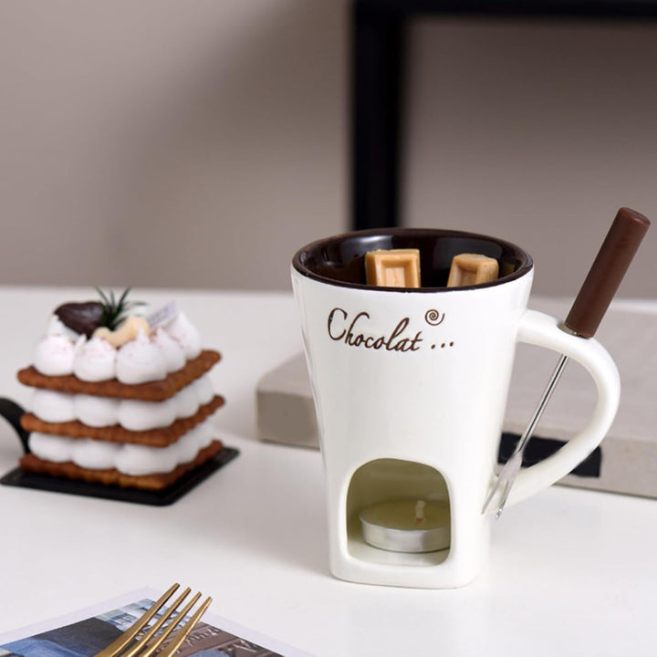 Fonduetasse | hitzebeständig, tragbar, antihaftbeschichtet, mit Gabel, Fondue-Tassen-Set, zum Dippen