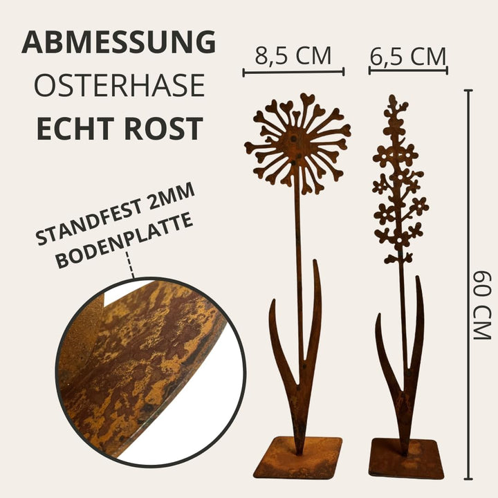 Terma Stahldesign Rost Figur Blumen Set 60cm mit Bodenplatte Handmade Germany Pusteblume für drausse
