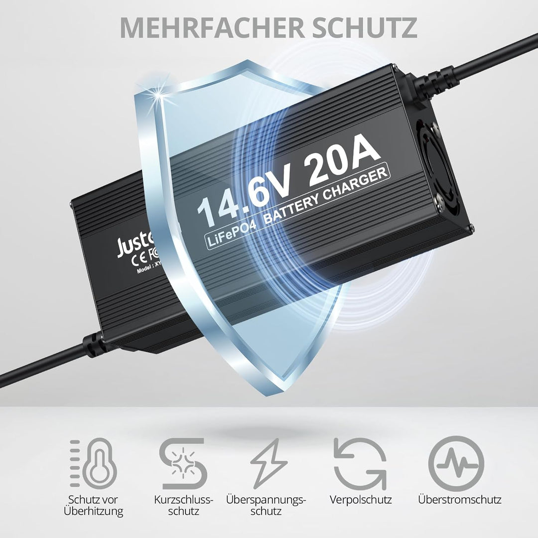 Justech 20A 14.6V Ladegerät für Lithium-Eisenphosphat (LiFePO4)-Batterien, Mit umfassendem Schutz fü