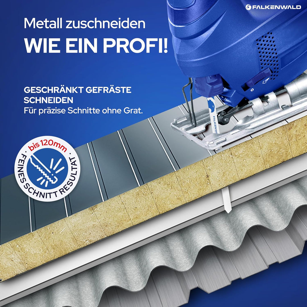 FALKENWALD® Stichsägeblätter Metall 5x T718BF – Extra lange Sägeblätter 180mm für Metall, Kunststoff