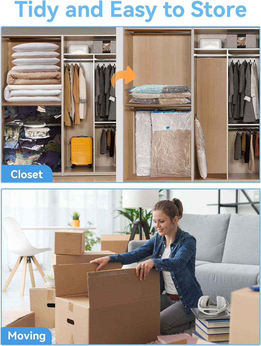 HEETA 6 Stück Vakuumbeutel für Kleidung(3 Jumbo+3 Gross) Vakuum Wiederverwendbar Kleiderbeutel mit A