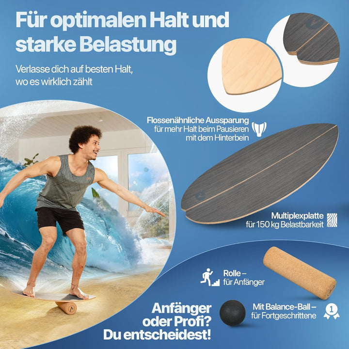 Balance Board aus Holz in – mit abgerundeten Ecken – inkl. Rolle für Neuromuscular Response Training