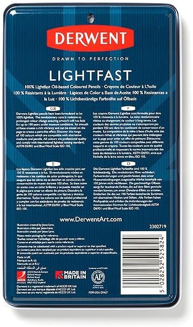 Derwent Lightfast Buntstifte, 12 Stück im Metalletui, 4 mm Runder Kern in Premium-Stärke, Cremige Te