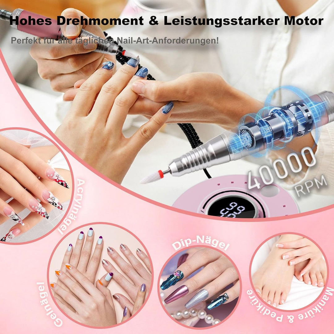 Professionelle Nagelfräser / Nagelfeile mit bürstenlosem Motor, 40000 U/min Akku Nagel-Schleifgerät