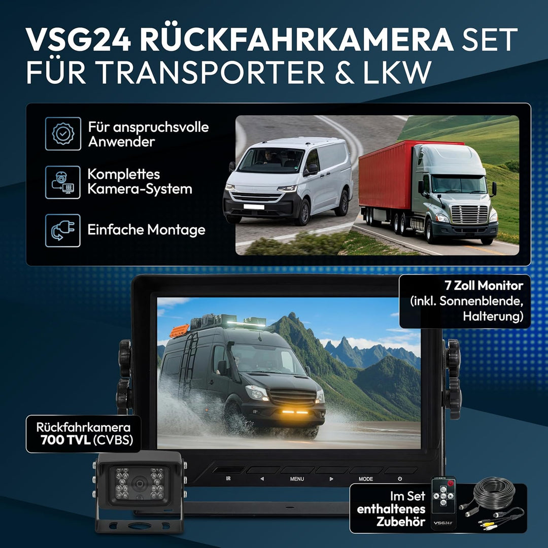 VSG24 Rückfahrkamera 7" Transporter-Set Transit inkl. Kamera, Monitor, Kabel - Wasserdicht Nachtsich