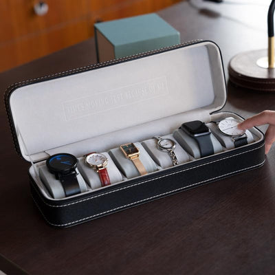 OSVINO Uhrenbox 6 Uhren Herren Schwarz Uhrenkasten Uhrenkissen aus Samt, Reise Schmuckkästchen Uhren