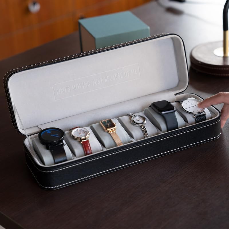 OSVINO Uhrenbox 6 Uhren Herren Schwarz Uhrenkasten Uhrenkissen aus Samt, Reise Schmuckkästchen Uhren