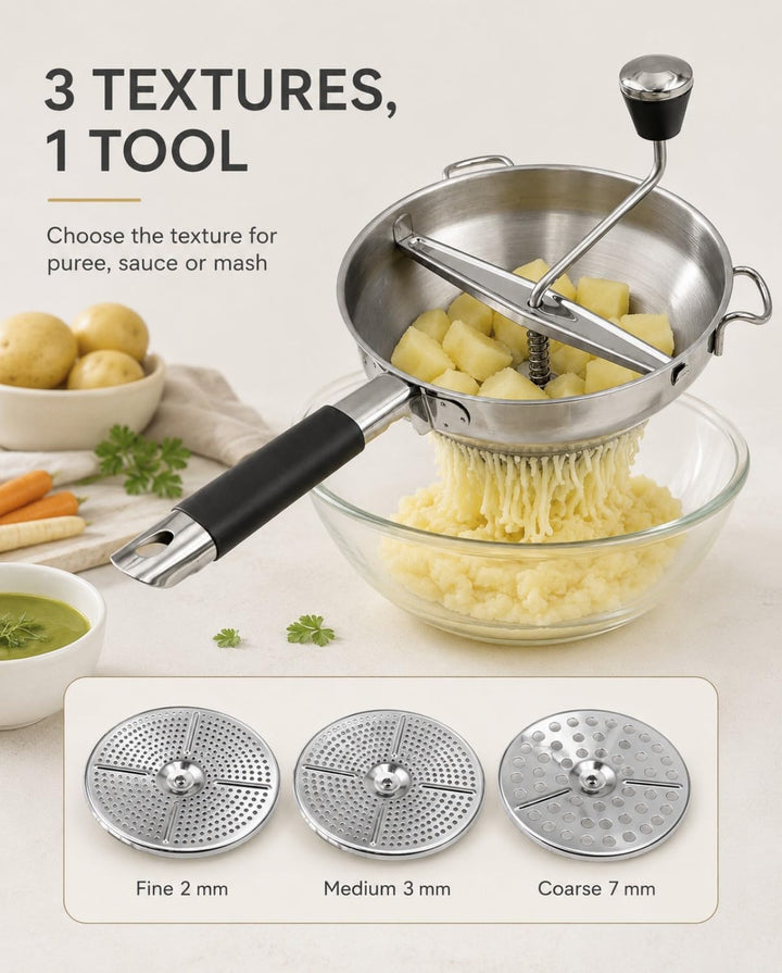 Lebensmittelmühle Hand mit 3 Sieben (2/3/7 mm) - Getriebenhammer für Kartoffeln, Muss, Marmeladen un