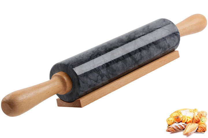 Marmor-Nudelholz mit Holzwiege, dicker Griff, Set zum Backen, 47 cm, hochwertige polierte Walze für