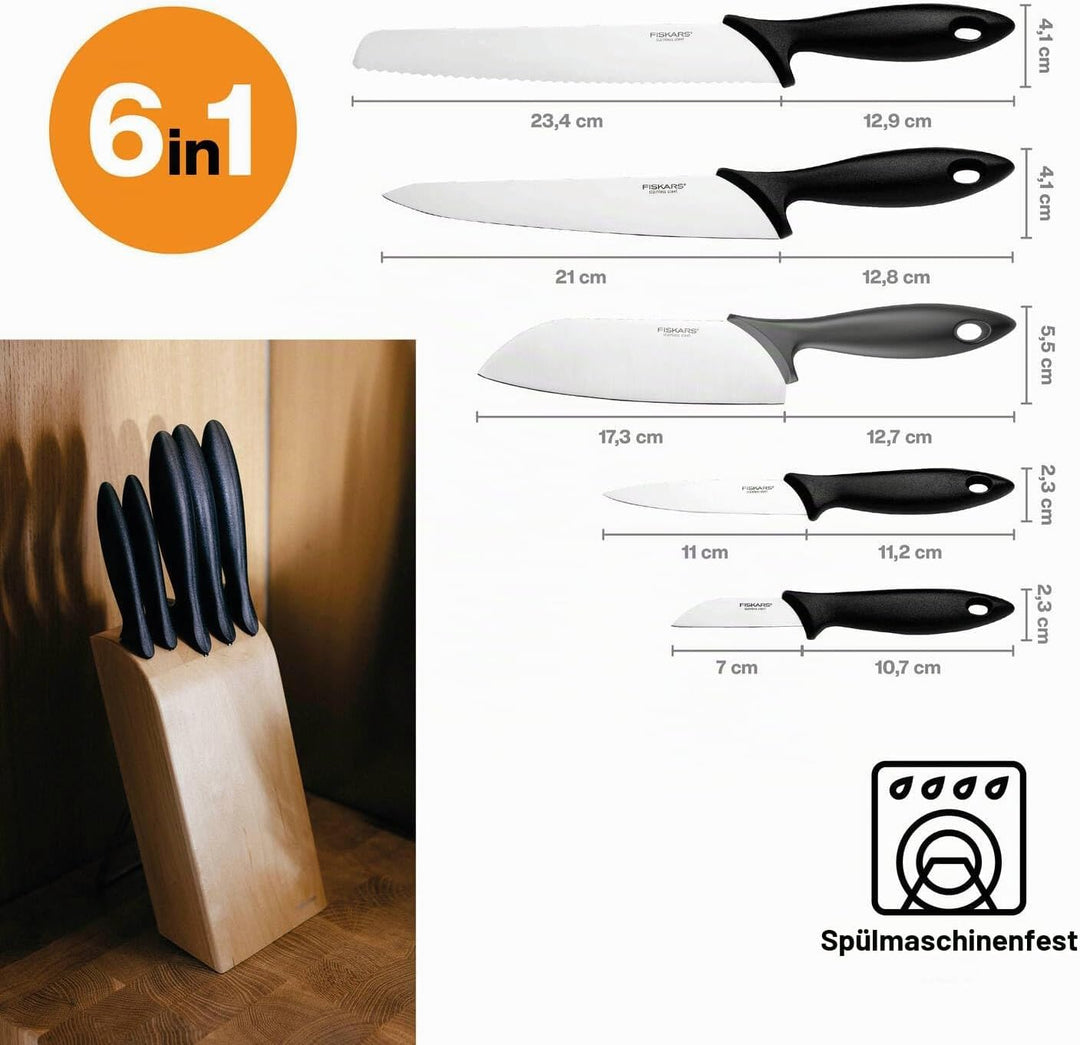 Fiskars Messerblock mit 5 Messern, Essential, Inklusive Gemüsemesser, Schälmesser, Kochmesser, Santo