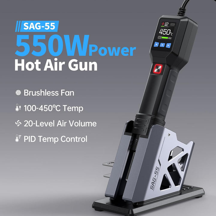 Heissluftpistol, Heissluftgebläse 550W 100°C bis 450°C 20 Einstellbare Windgeschwindigkeiten mit 1 D