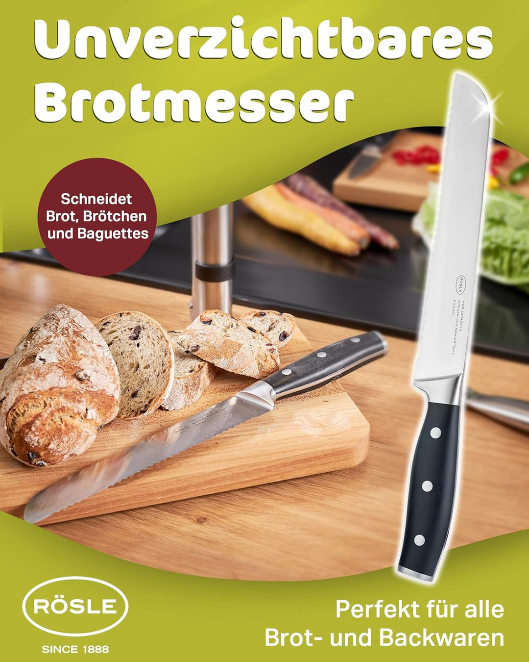 RÖSLE Brotmesser Tradition, Hochwertiges Küchenmesser zum Schneiden von Brot, Brötchen und Baguette,