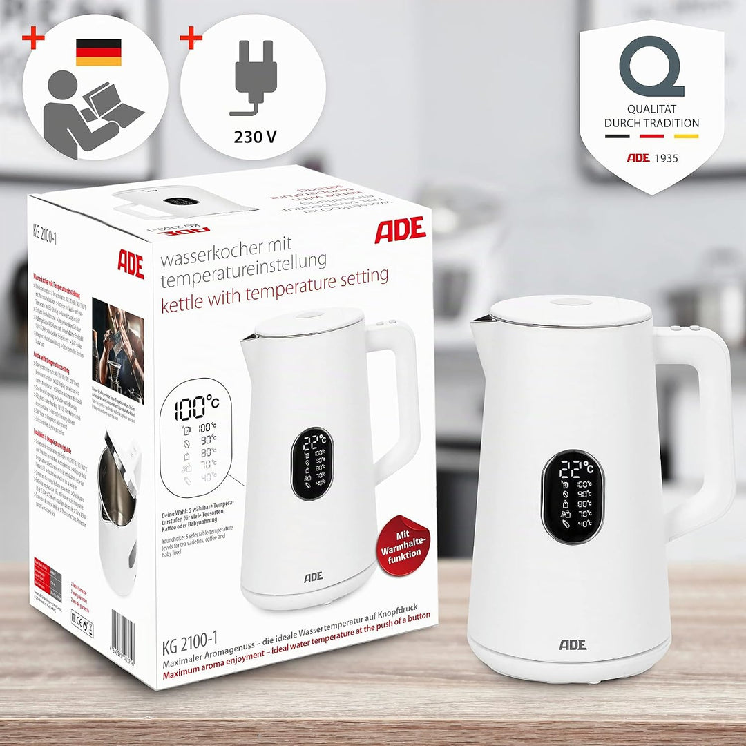 ADE Energiesparender Wasserkocher mit Temperatureinstellung 40-100°C | 1,5 l | Edelstahl | BPA-frei