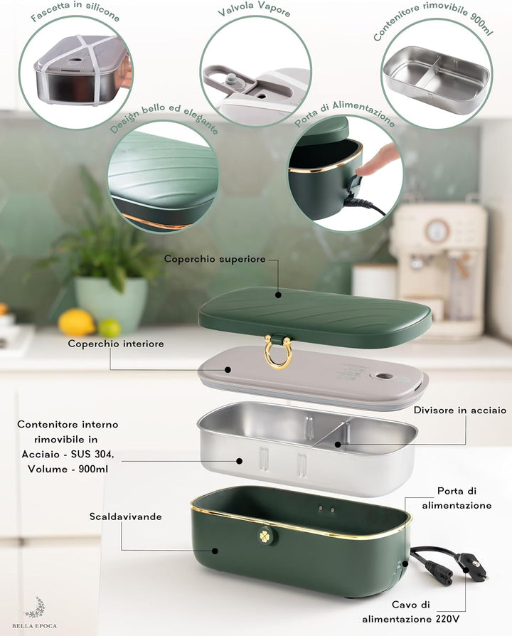 Bella Epoca® Tragbarer elektrischer Speisewärmer, eine elegante beheizbare Lunchbox (900 ml/45 W/220