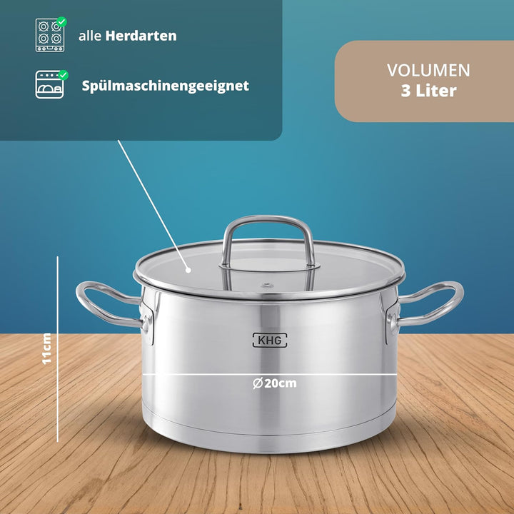 KHG Topf Kochtopf Fleischtopf 20 cm Induktion, Edelstahl unbeschichtet inkl. Glasdeckel | 11,5 cm ho