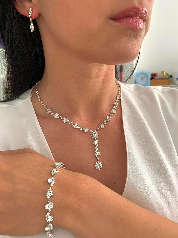 ONDEGO® 3er Set Y SILBER Strass Schmuck Kette Schmuckset Armband Hochzeit Collier Halskette Brautsch