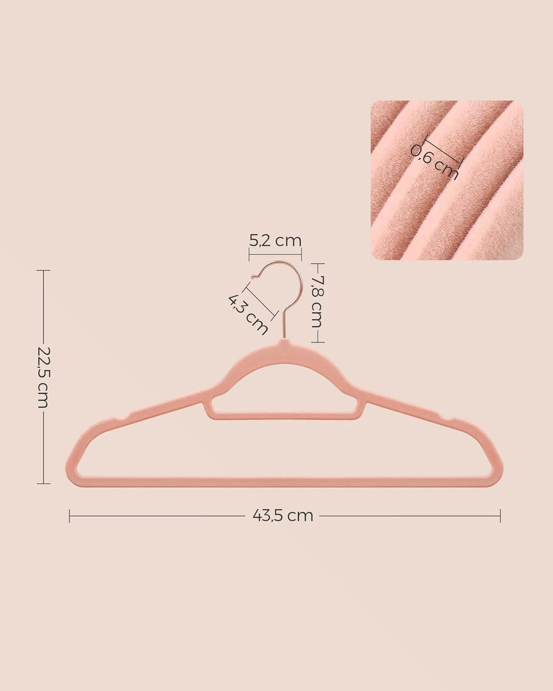SONGMICS Samt-Kleiderbügel, 50 Stück, Anti-Rutsch, Jackenbügel, drehbarer Haken in Roségold, Dicke 0