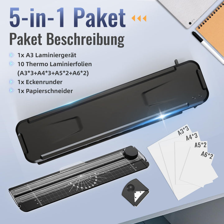 MAXDONE Laminiergerät A3, Laminiergerät, 2-Walzen System mit Papierschneider & Eckrunde, Heiss und K