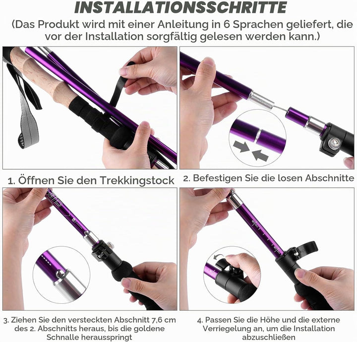 Wanderstöcke Faltbar 105-125 cm 7075 Aluminium, 2 Nordic Walking Stöcke mit Klemmverschluss, 4 Paar