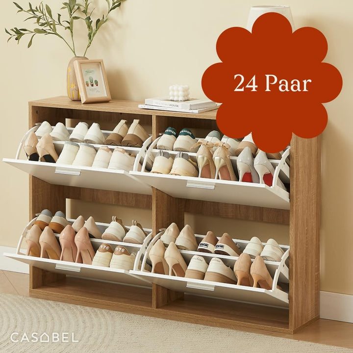 CASABEL Schuhschrank mit 4 Klappen, Schuhregal Weiss & Holz, Modernes Design, Grosse Kapazität für 2