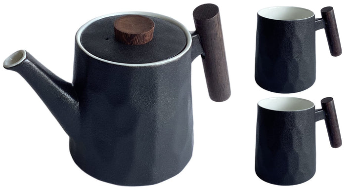 Dekomiro Set 3 Teil. Teeservice TeaLogic Teekanne Negra mit Holzgiff und 2 Becher Negra mit Holzgiff