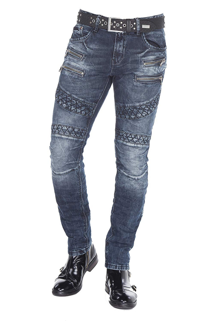 Cipo Baxx Herren Skinny Jeans Hose Biker Hose mit Zipper Slim Fit Denim Darkblue W30 L34