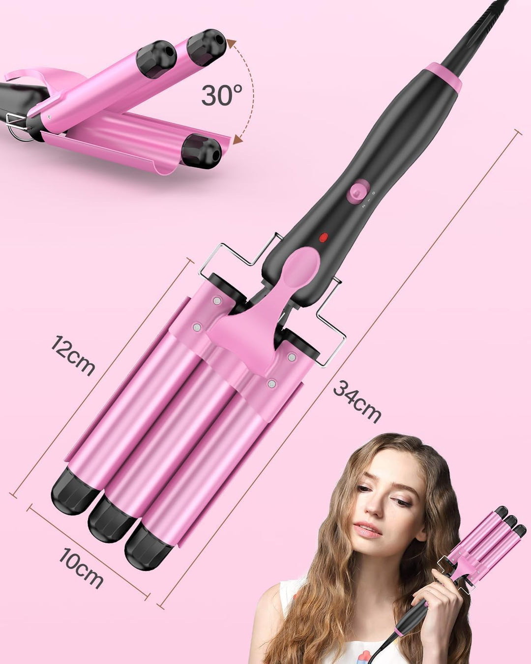 25 mm Welleneisen Haare, 3 Fässer Beach Wave Lockenstab, Keramik Lockeneisen mit 2 Temperaturen 150-