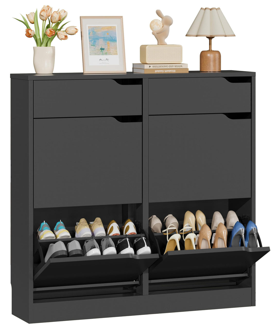IRONCK Schuhschrank mit 4 Klappen, Schuhkipper Schmal mit 2 Schubladen, freistehendes Schuhregal, Sc
