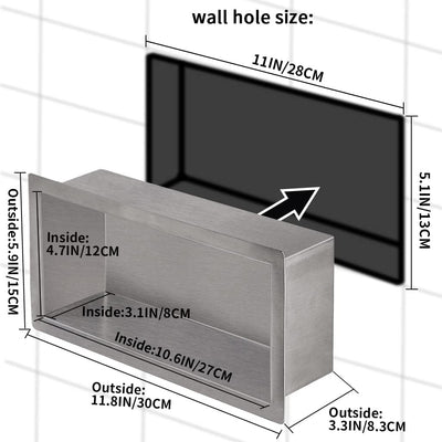 Skelang Badezimmer-Regal, Dusche, Einbau-Dusche, Edelstahl, 15 × 30 cm, Masse des Wandlochs: 13 × 28